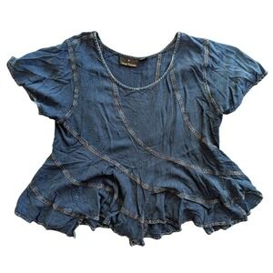 Sacred Threads Blue Denim Ruffle Flounce Tunic Top XL Short Sleeve Flowy Hippie